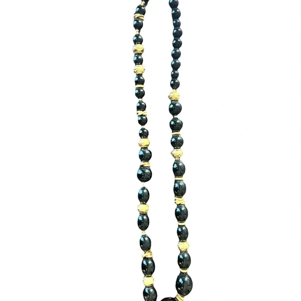 Vintage Necklace Long with Black Beads and Gold Accents